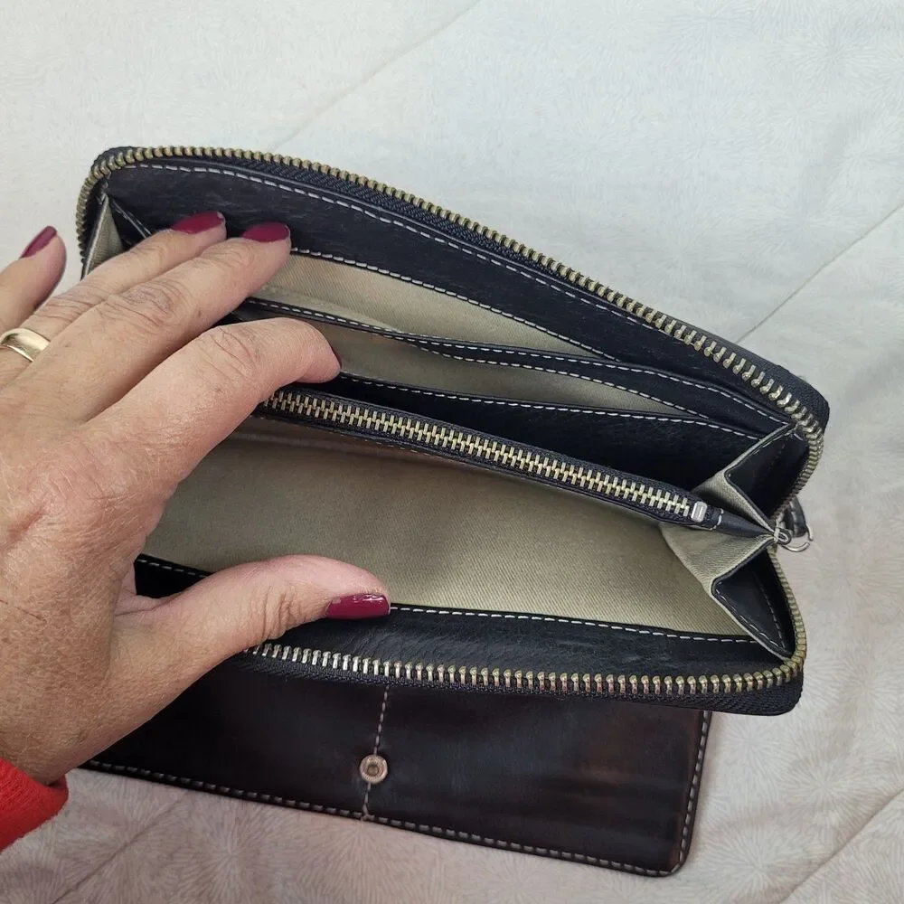 Womens black zip wallet leather multi compartments silver accent white stitching